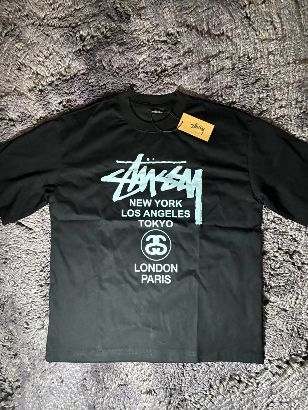 Stussy Black Tee with Light Blue Logo and City Print